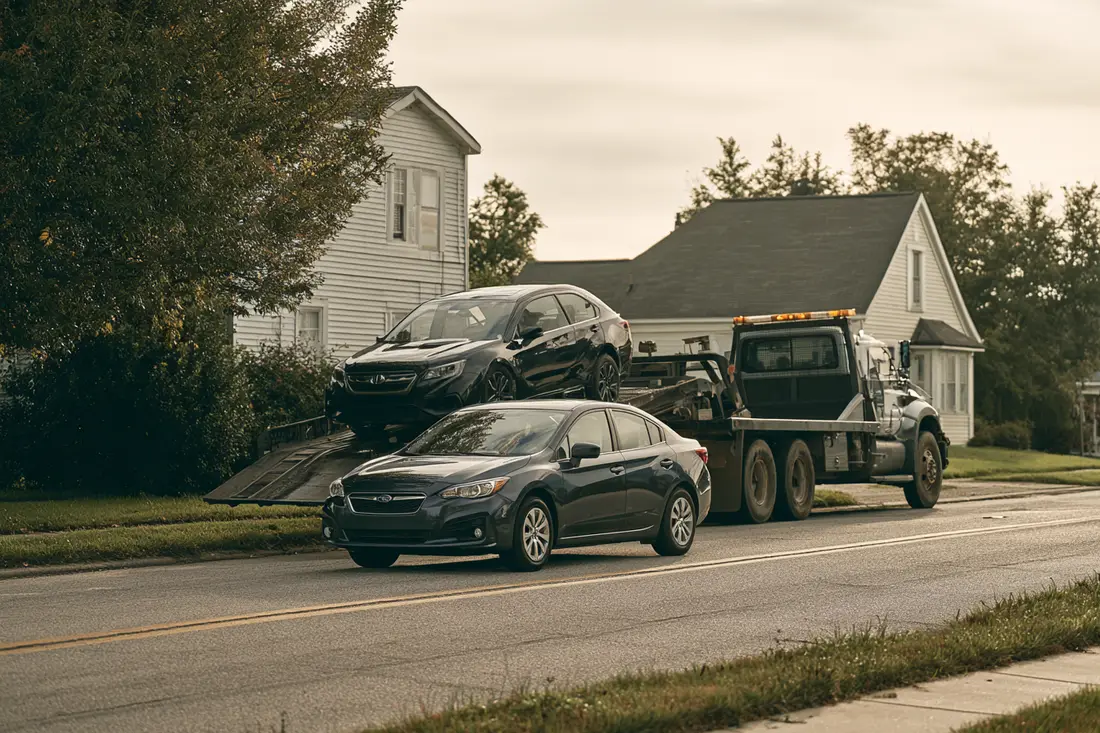 Car on a tow truck representing a mid-size emergency repair